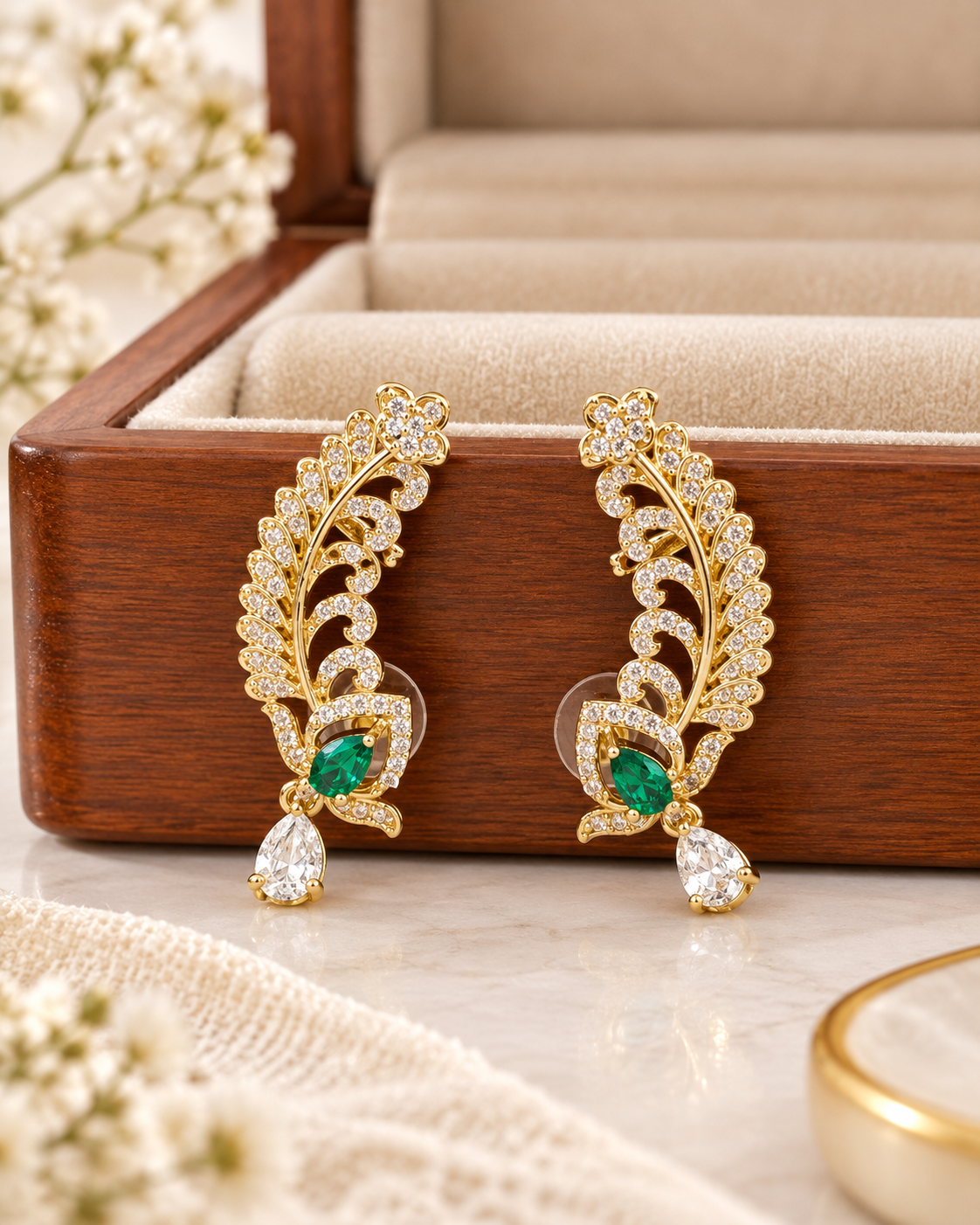 Emerald Green Feather Ear Climber Earrings